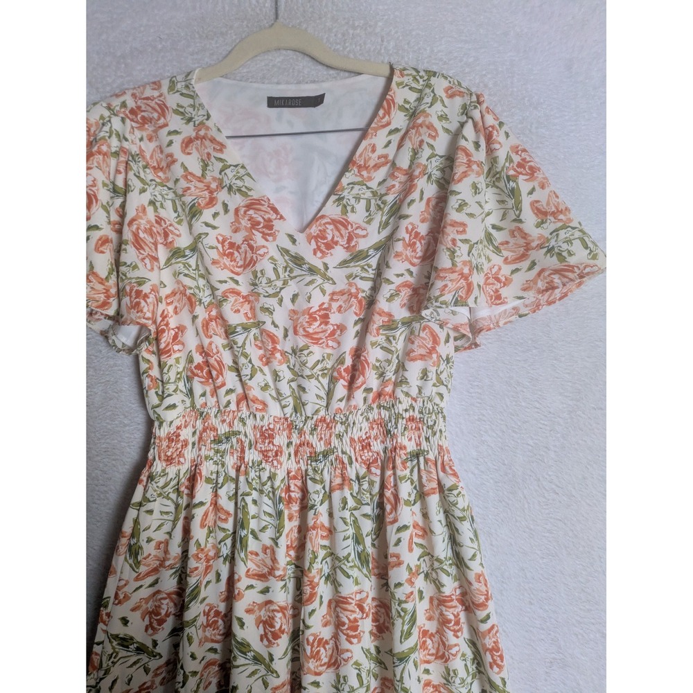 Mikarose Maxi Dress Women's Small White Orange Floral Tiered Smocked Flutter - Picture 3 of 9